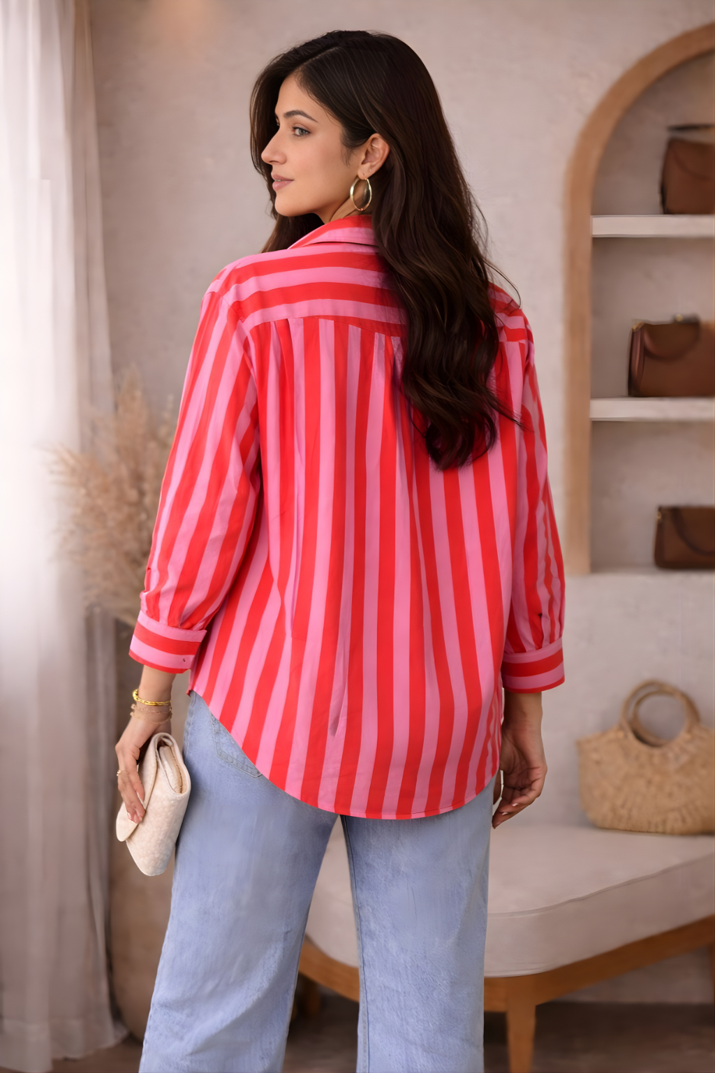 back of embroidery on coral cotton shirt