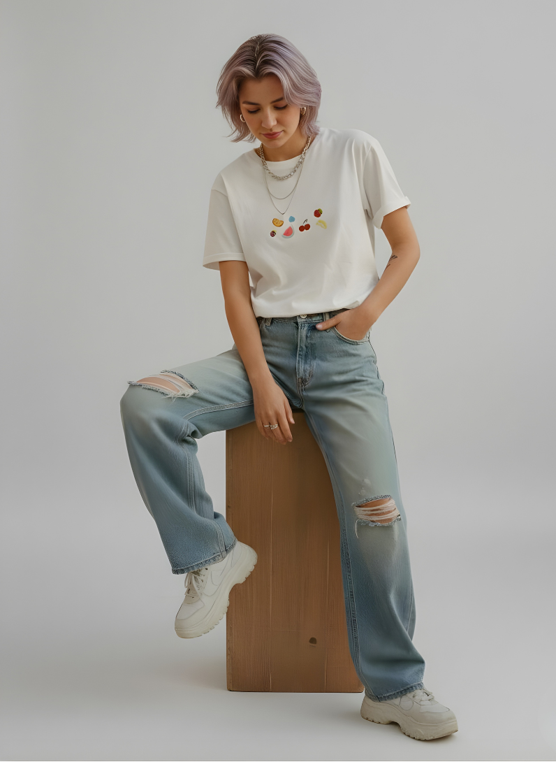 Minimal white embroidered women’s tee with handcrafted detailing