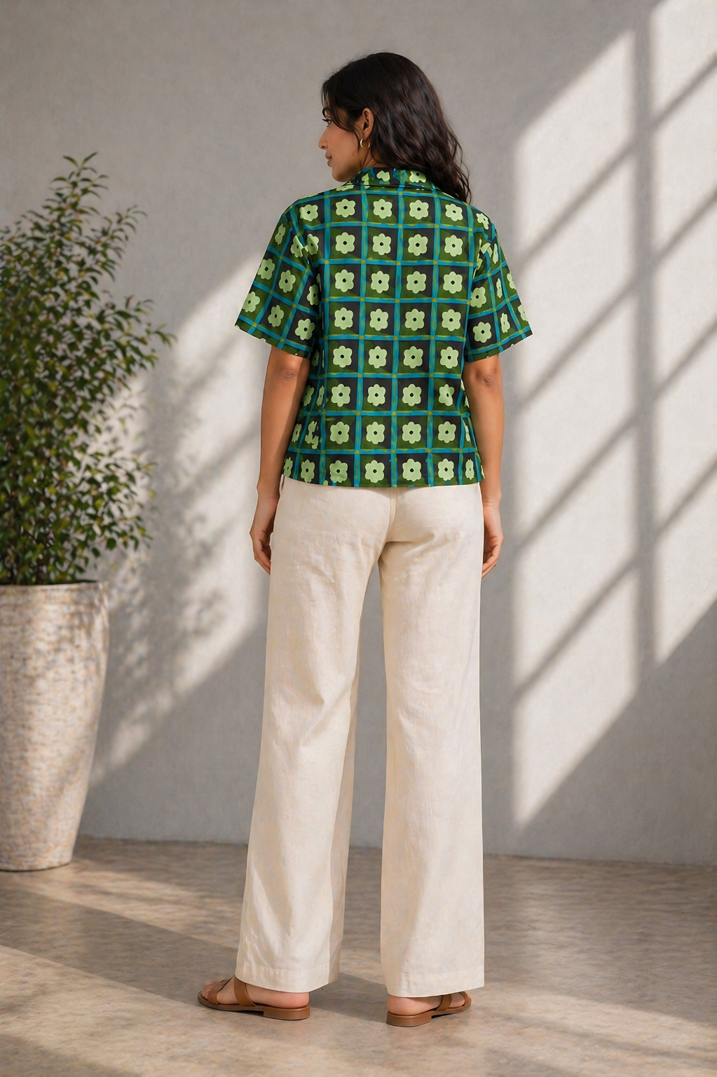 Green floral check cotton shirt for women