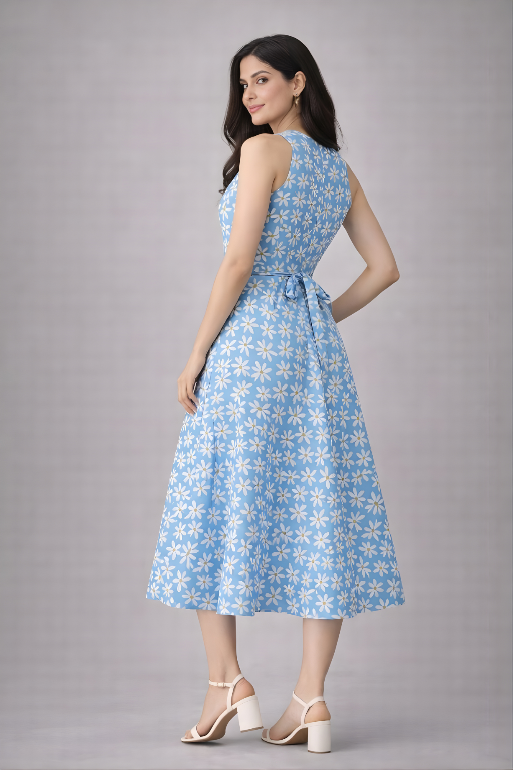 Sleeveless A-line floral dress with slit for women’s summer wear