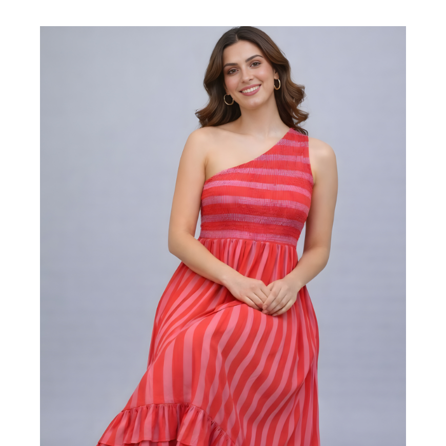 Flowy striped maxi dress styled for vacation and occasion wear