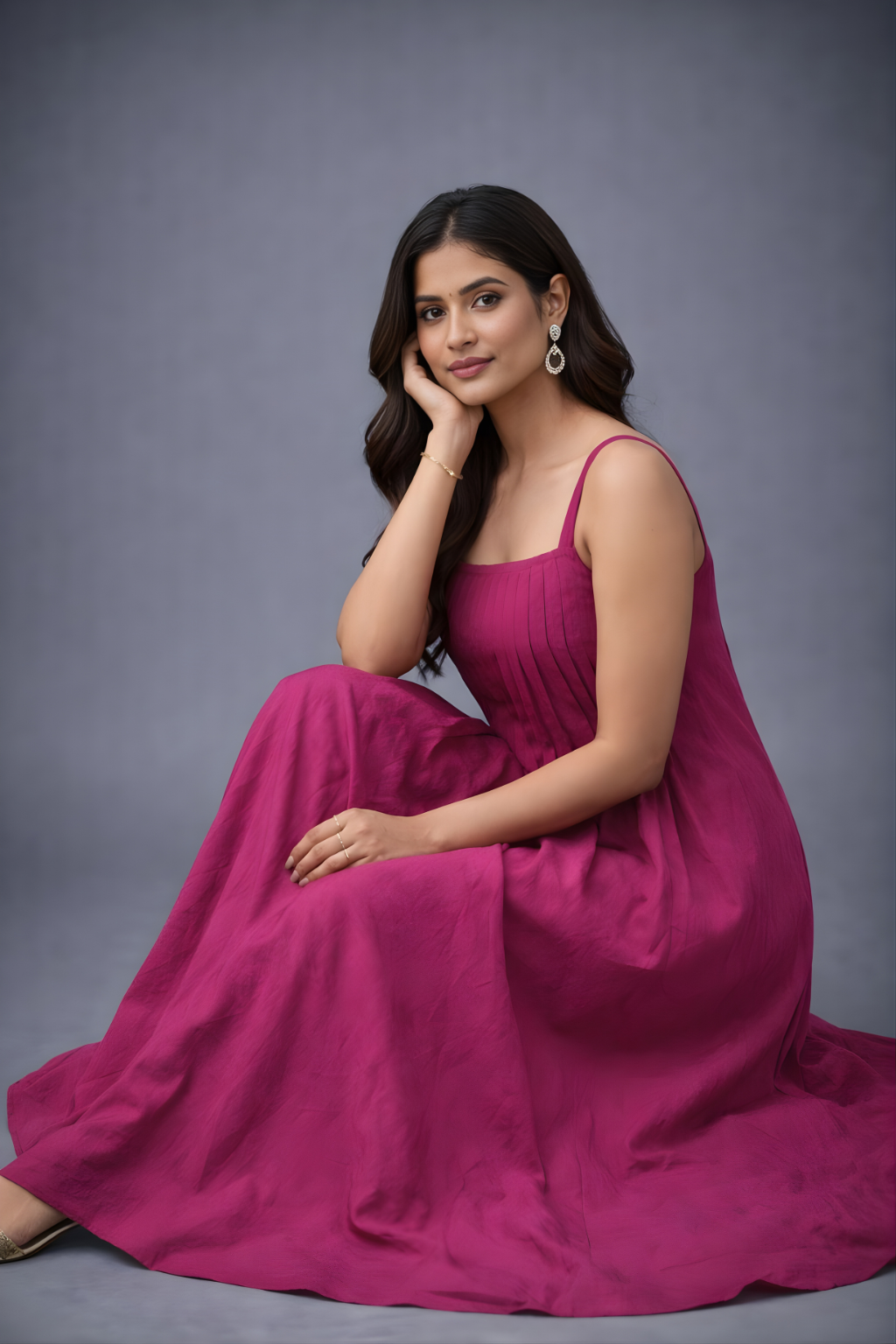 Elegant women’s fuchsia dress with smocked bodice