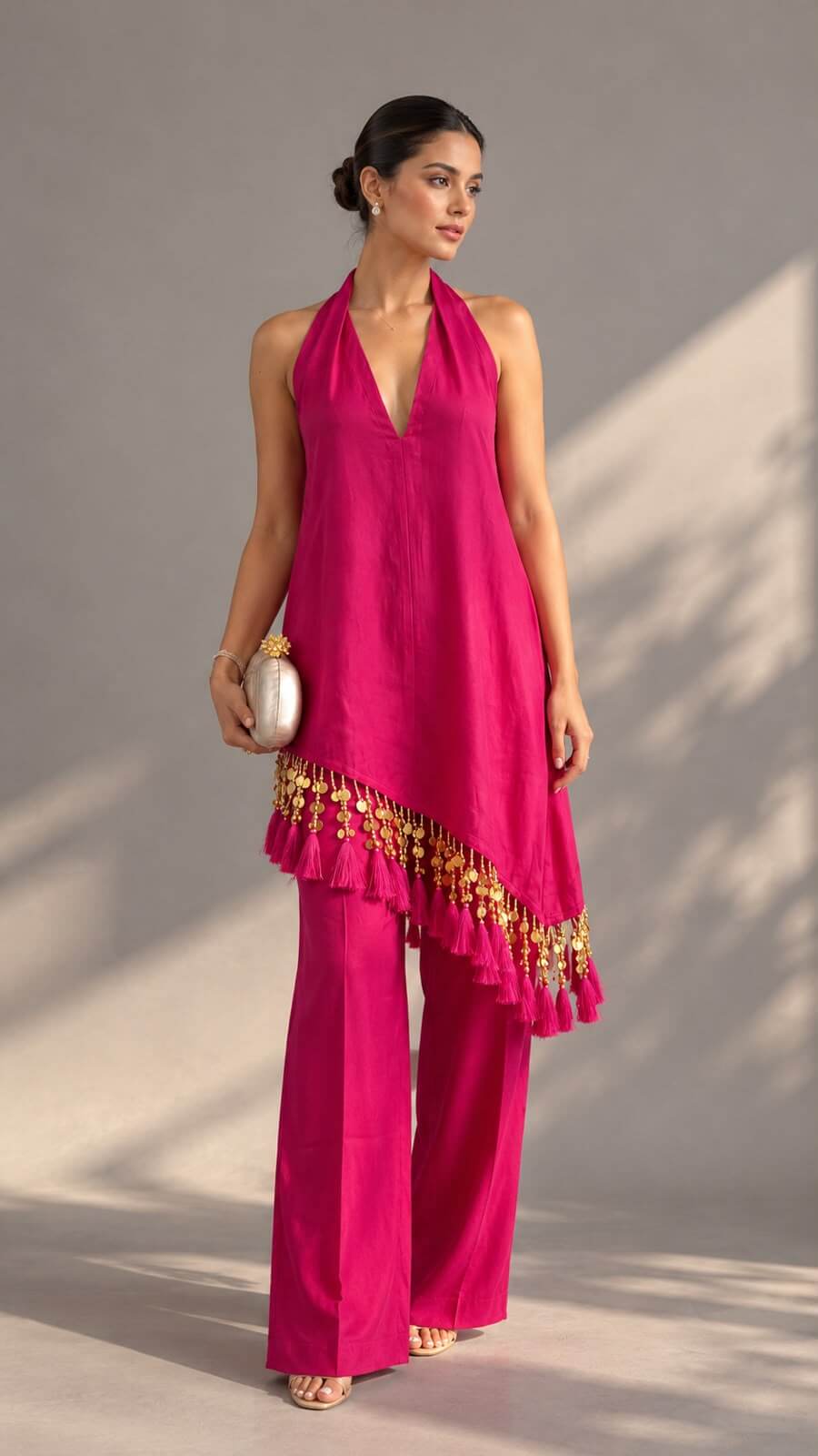 Fuchsia pink halter-neck top and palazzo set with golden embellishments