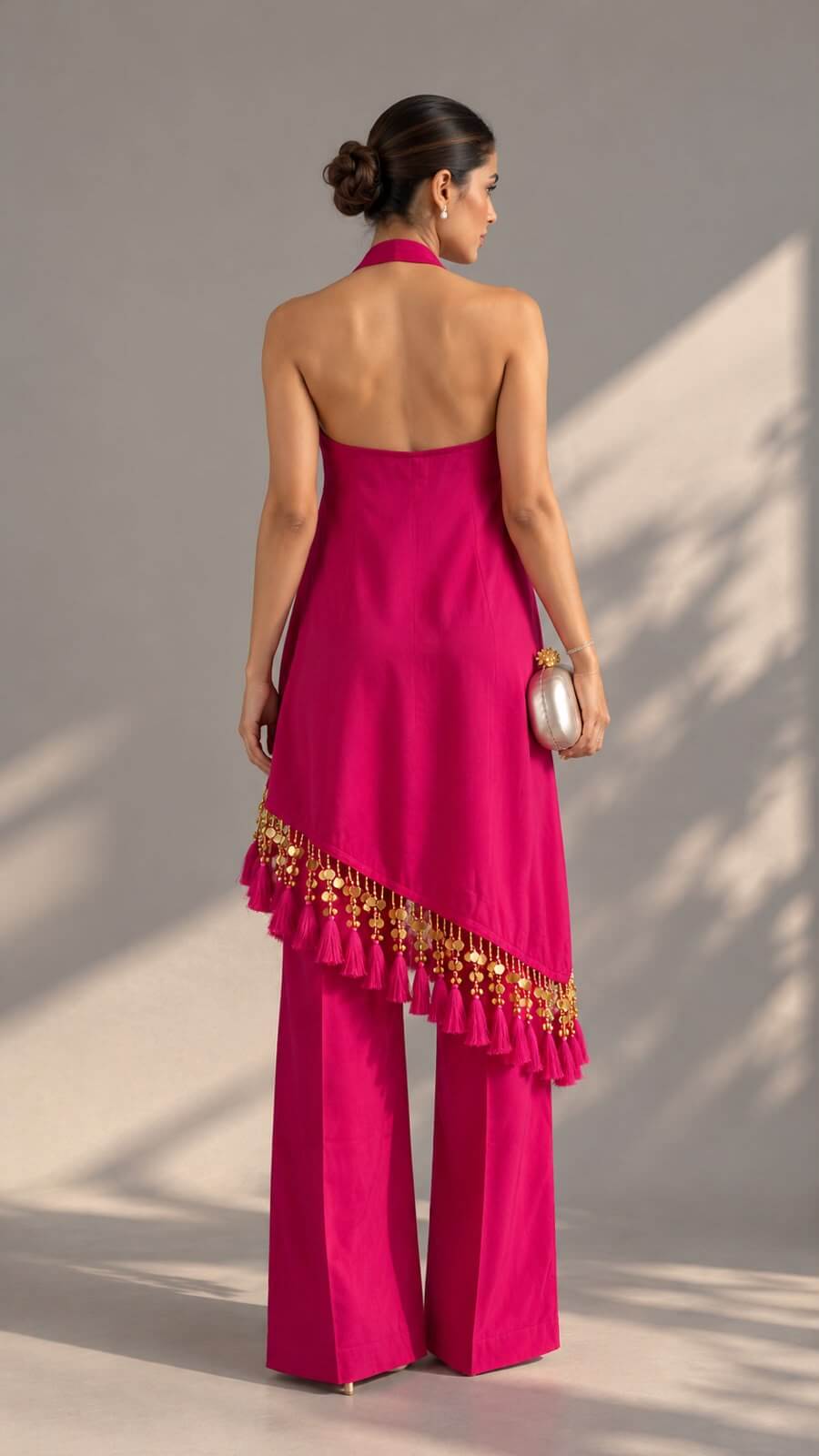 Back view of the fuchsia pink embellished palazzo co-ord set