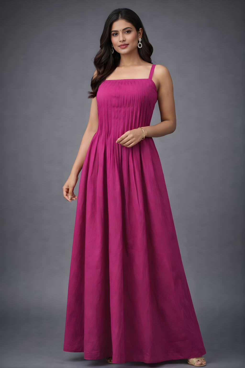 Fuchsia smocked maxi dress with flowy silhouette