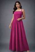 Fuchsia smocked maxi dress with flowy silhouette