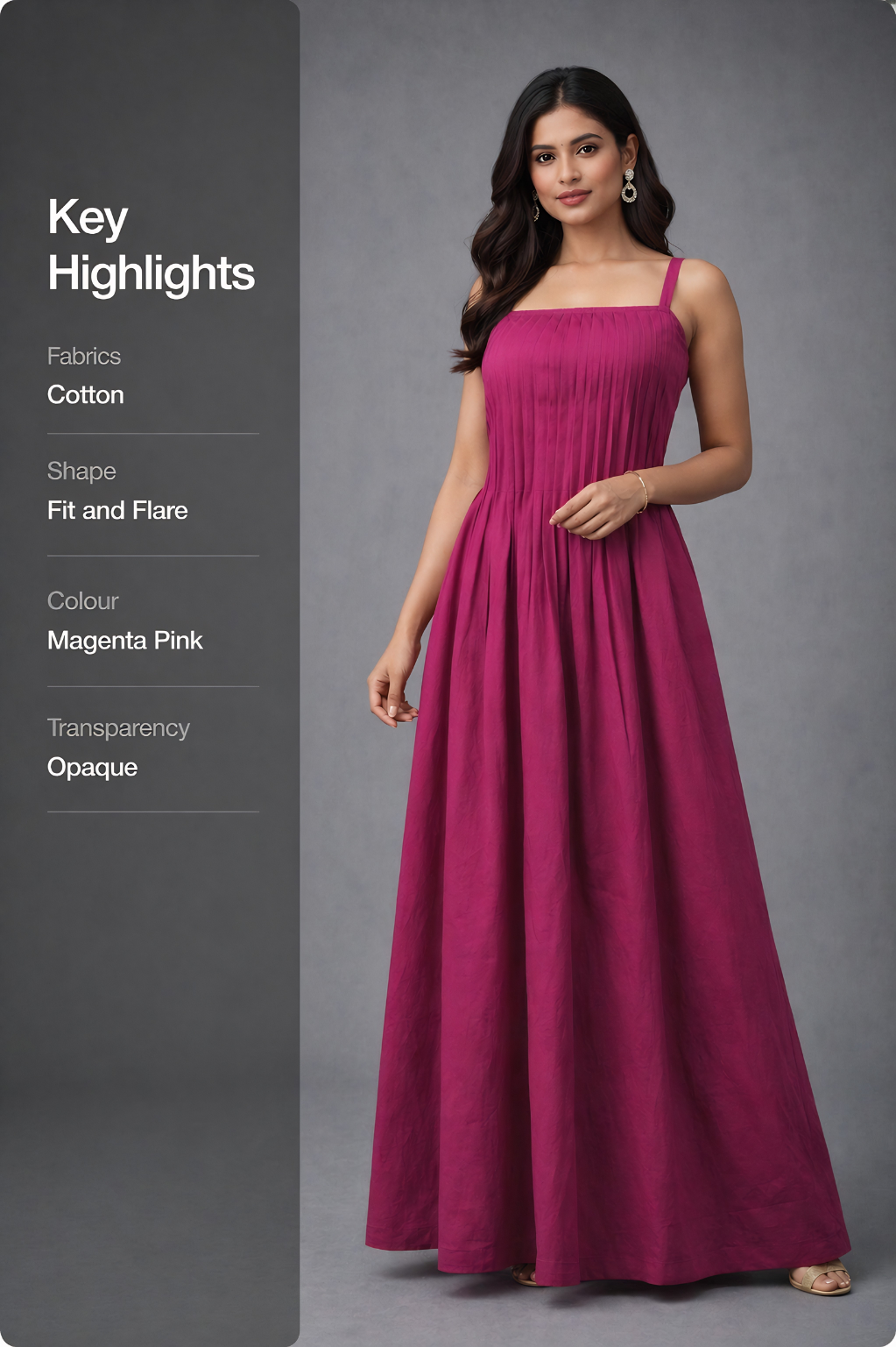 Woman wearing a magenta pink dress with key highlights listed on the left.