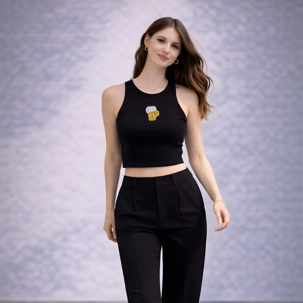 Playful black sando top for women with handcrafted beer patch