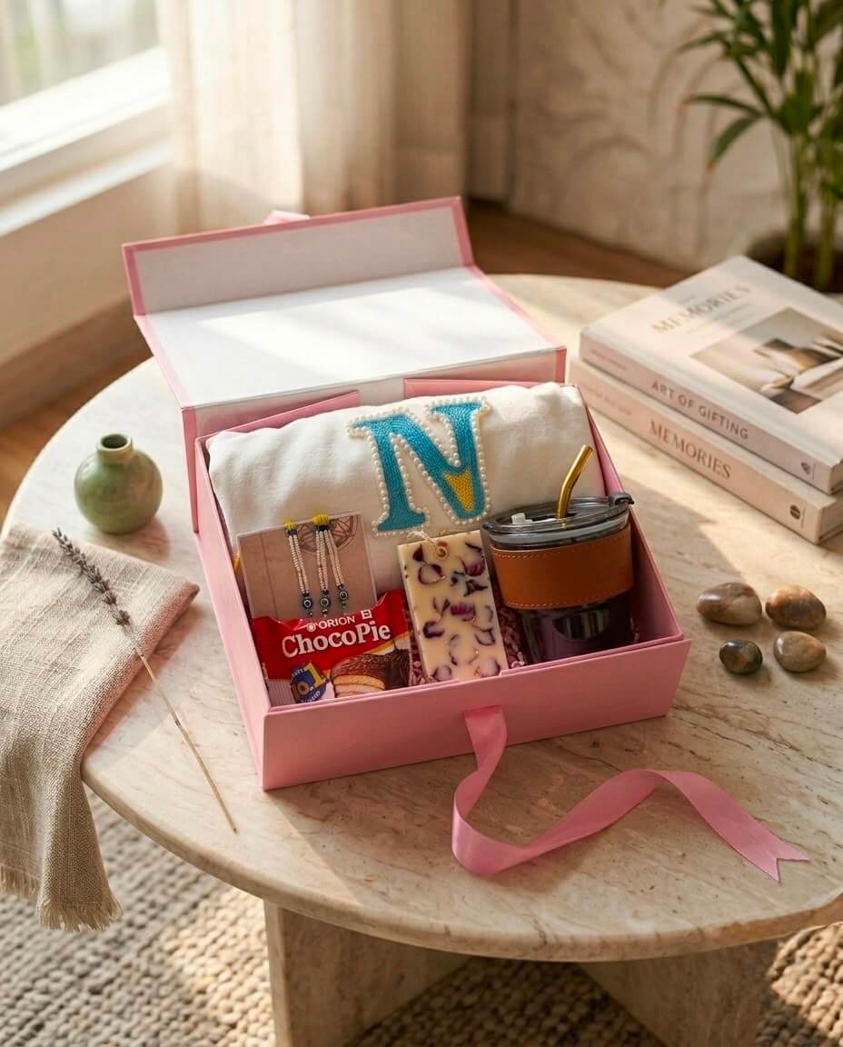 Gehru Bloom Box featuring a customized alphabet T-shirt, handcrafted Rakhi, travel coffee tumbler, rose petal fragrance bar, Choco Pie, and premium pink gift box.