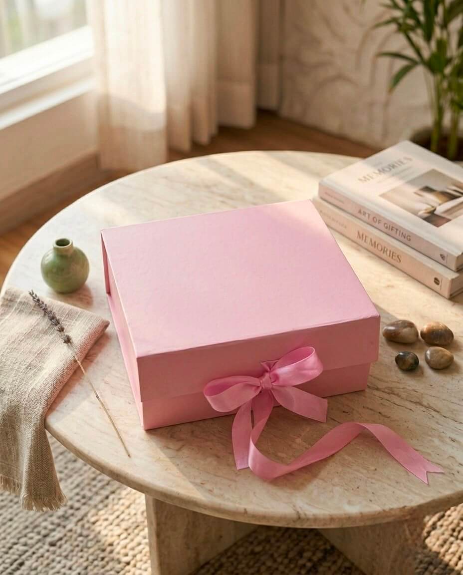 Gehru Delight Box featuring a customized alphabet T-shirt, handcrafted Rakhi, Choco Pie, floral fragrance bar, cream ceramic mug, and premium pink gift box.