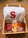 Wooden Raksha Bandhan gift box with personalised initial t-shirt, rakhi, Choco Pie, handcrafted floral sandal bar and glass tumbler with straw.