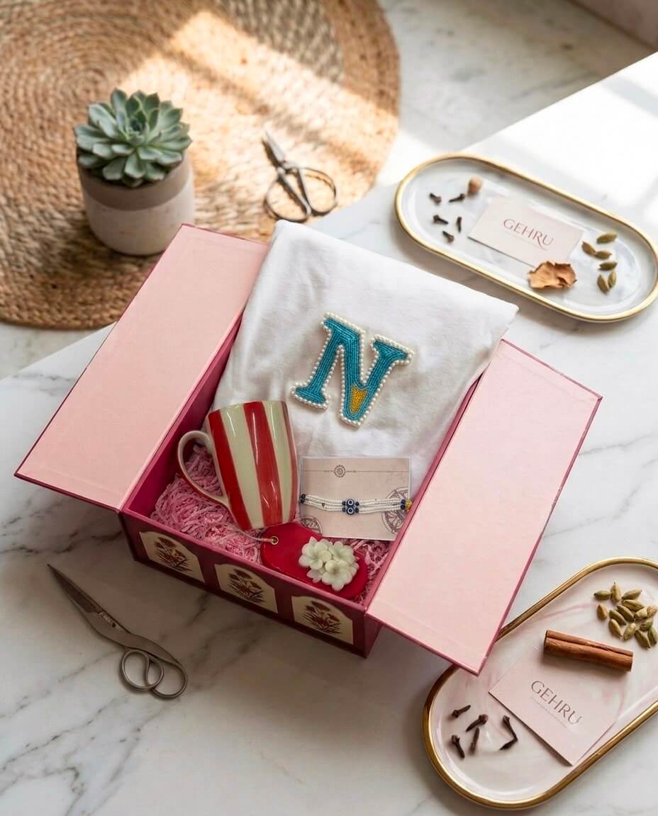 Gehru Signature Box featuring a customized alphabet T-shirt, Rakhi, fragrance bar, ceramic mug, and premium pink gift box