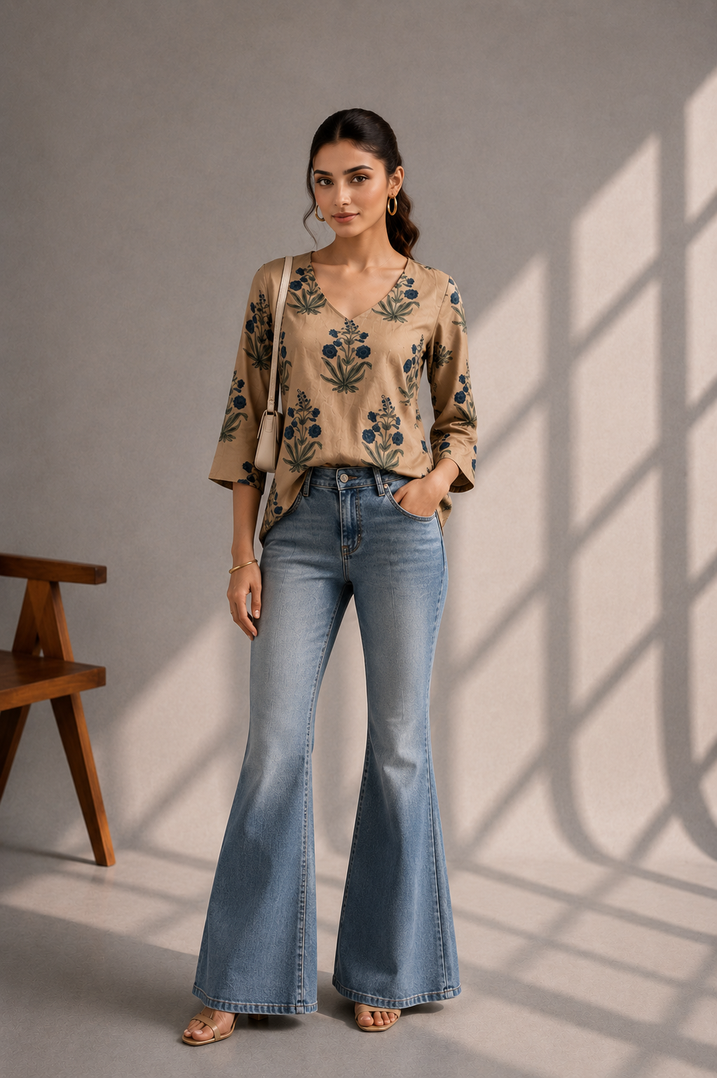 Front view of golden floral modal silk western top for women