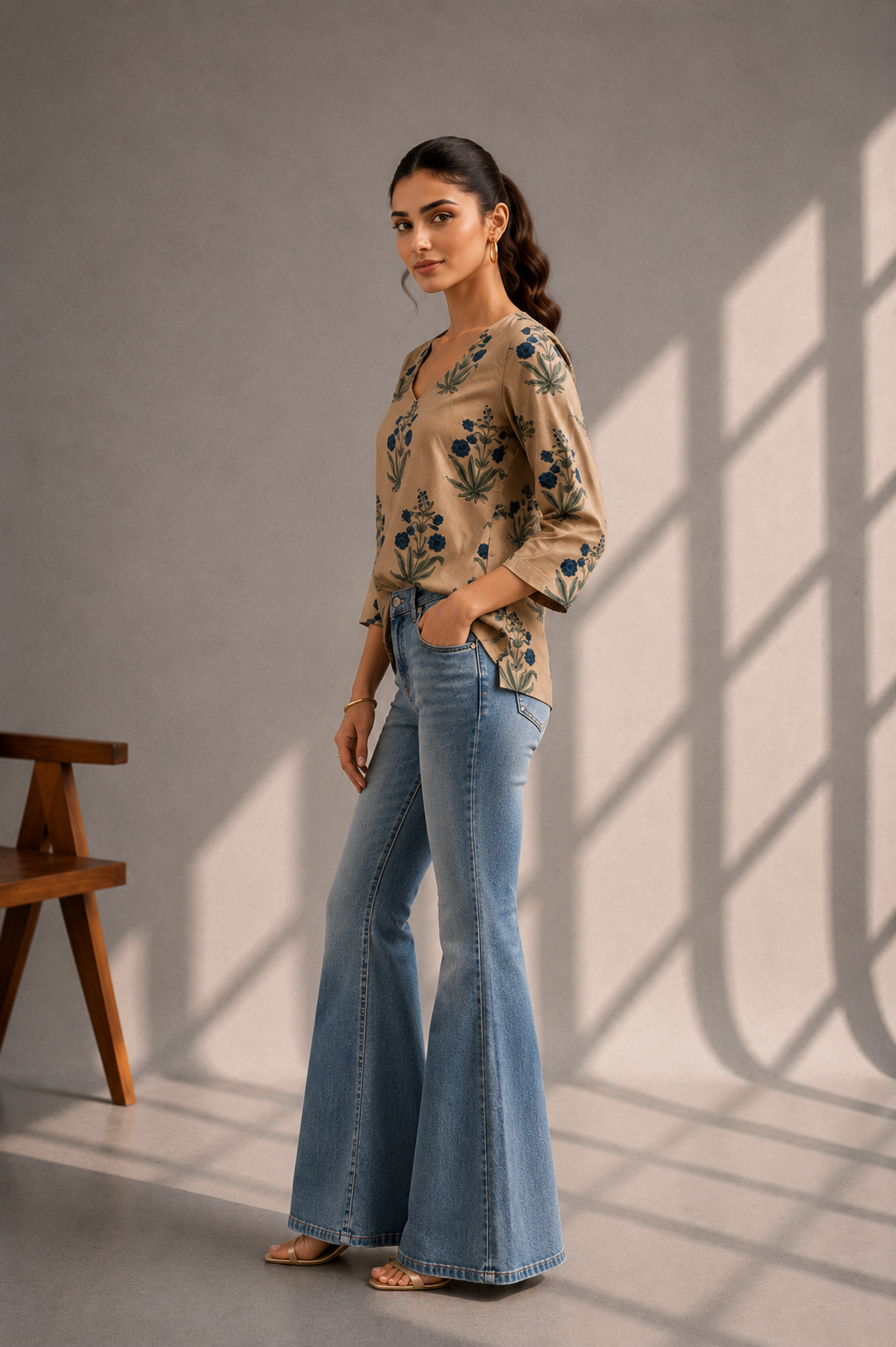 Side pose of woman wearing golden floral modal silk top with flared jeans