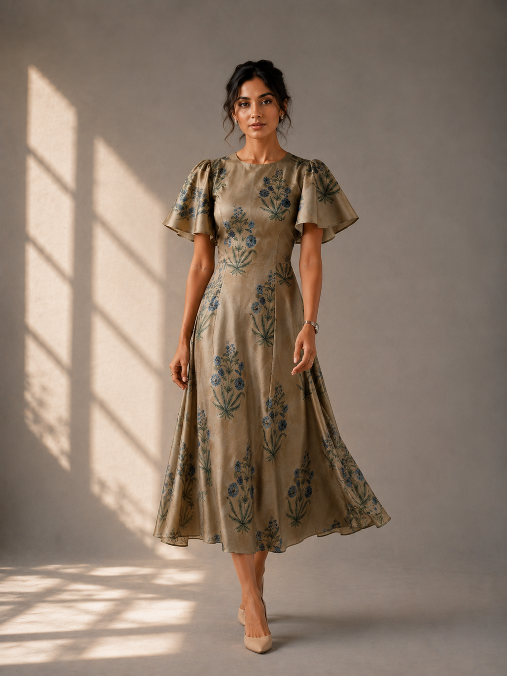 Woman wearing golden modal silk block print midi dress with flutter sleeves