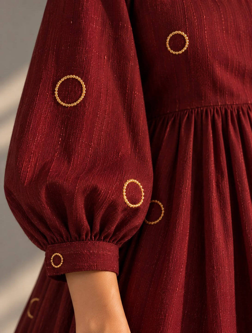 Golden pearl embellished maroon maxi dress