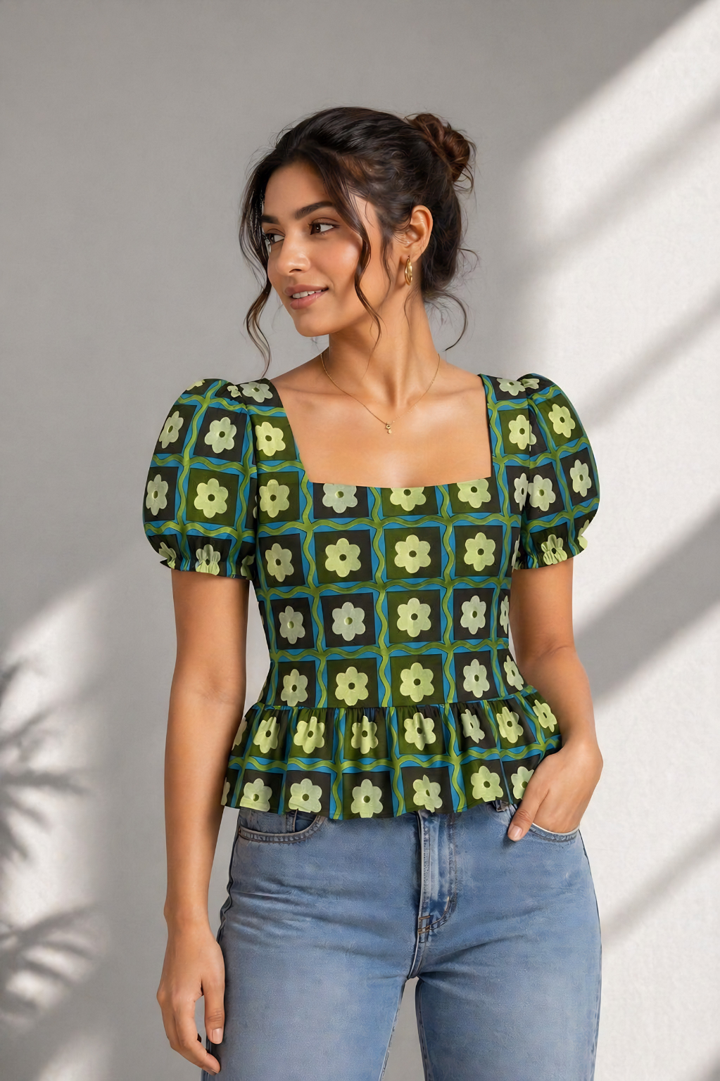 Green floral check cotton peplum top with puff sleeves front view