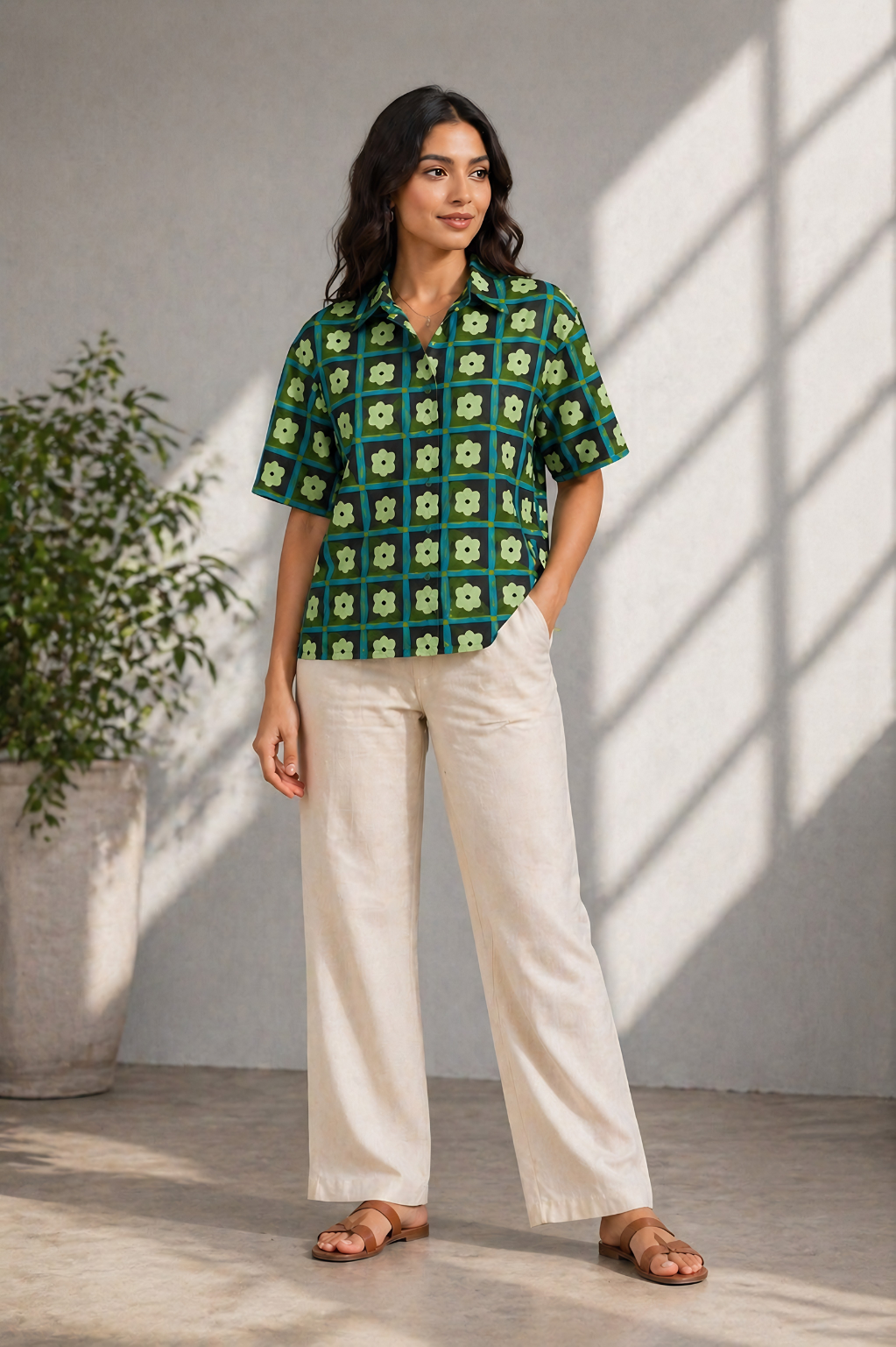 ull outfit look with green printed cotton shirt