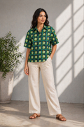 ull outfit look with green printed cotton shirt