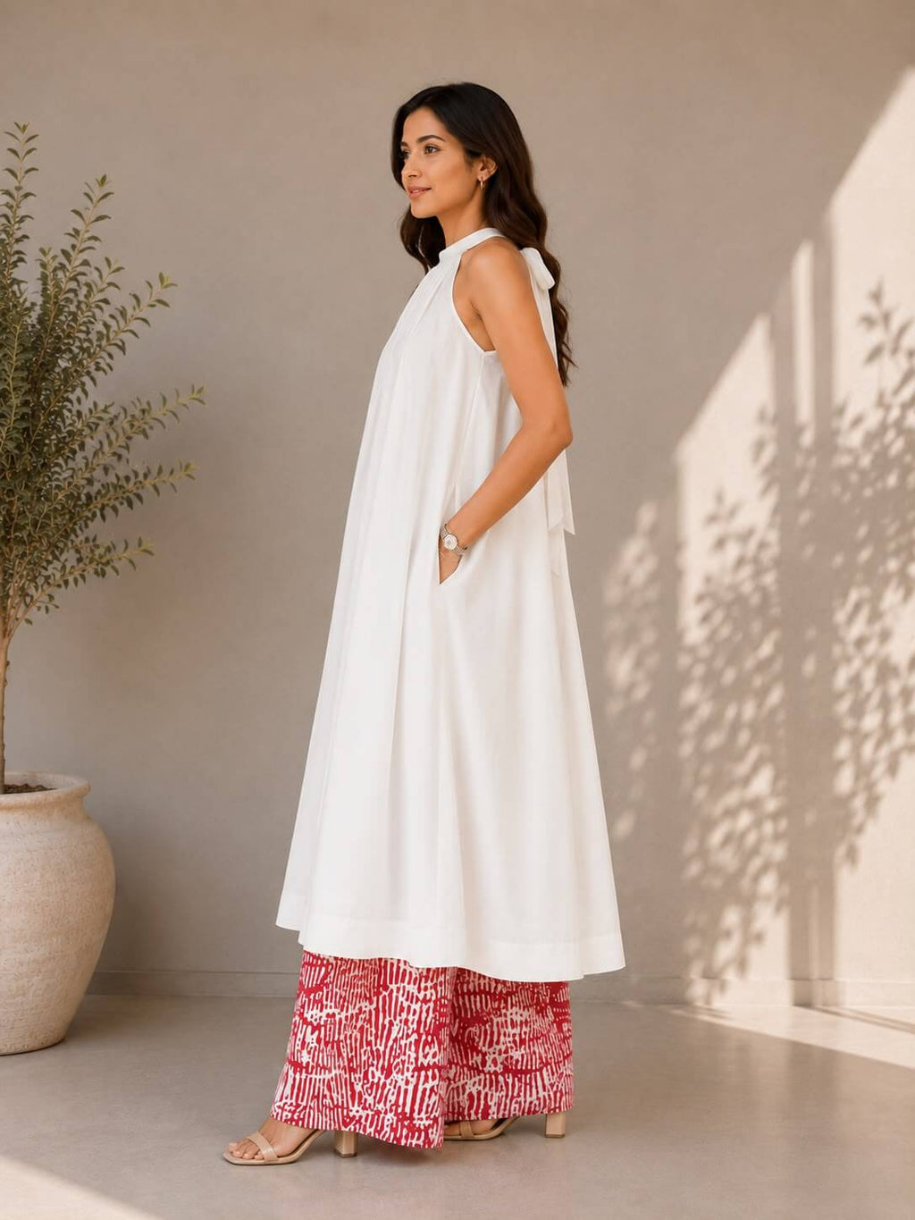 Women's white cotton kurta set with gathered neckline and tie-dye cotton palazzo pants.