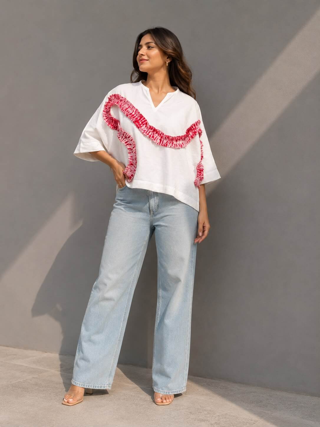 Breathable white cotton top with artistic tie-dye cotton patchwork and elbow-length sleeves.