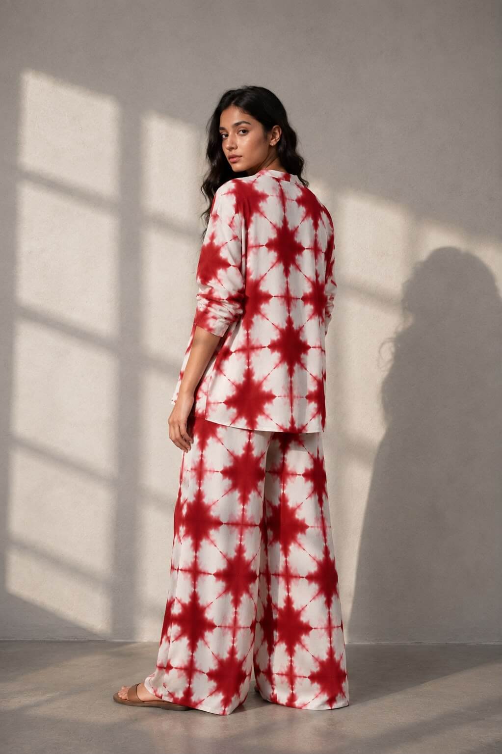 Relaxed fit cotton co-ord set featuring handcrafted red tie-dye and wide-leg pants by Gehru Label.