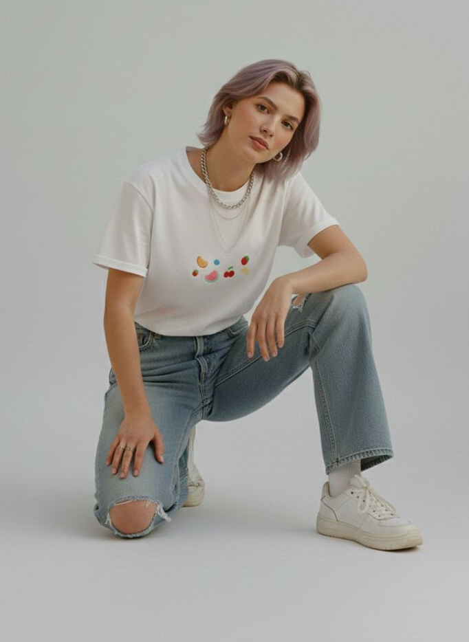 White hand embroidered T-shirt for women styled with denim jeans