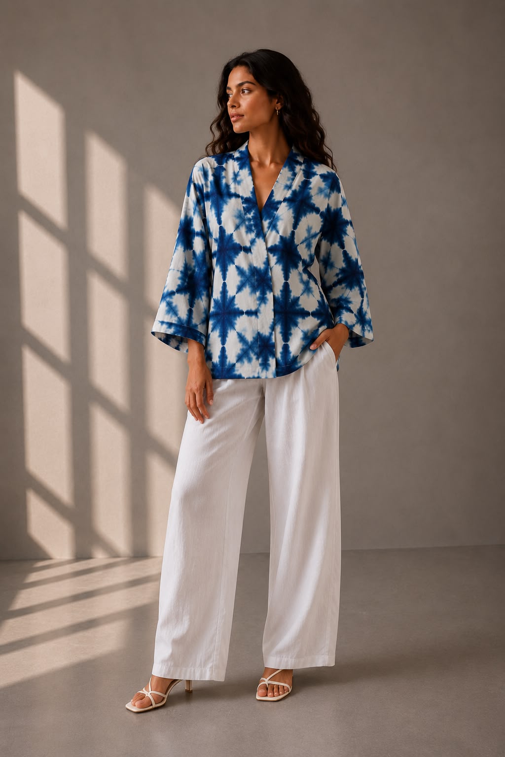 Woman wearing an indigo blue tie-dye cotton resort shirt with wide sleeves and white trousers.