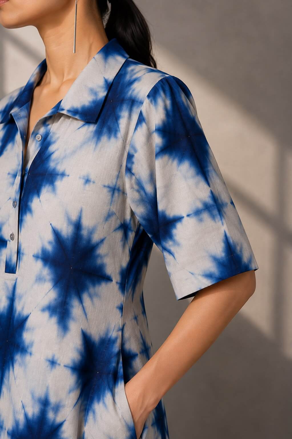 Women's cotton maxi dress with artisanal blue tie-dye inspired print.