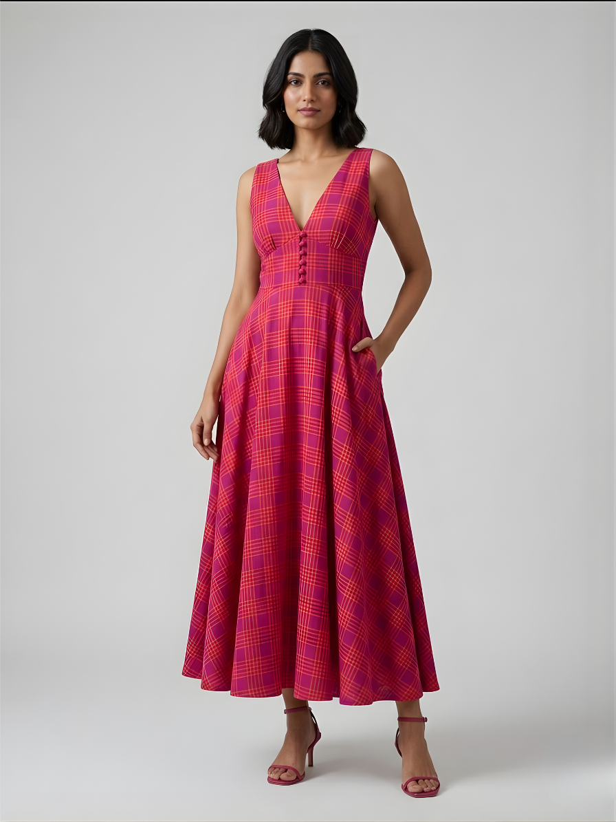 Pink checkered cotton midi dress with V-neck and button detail front view