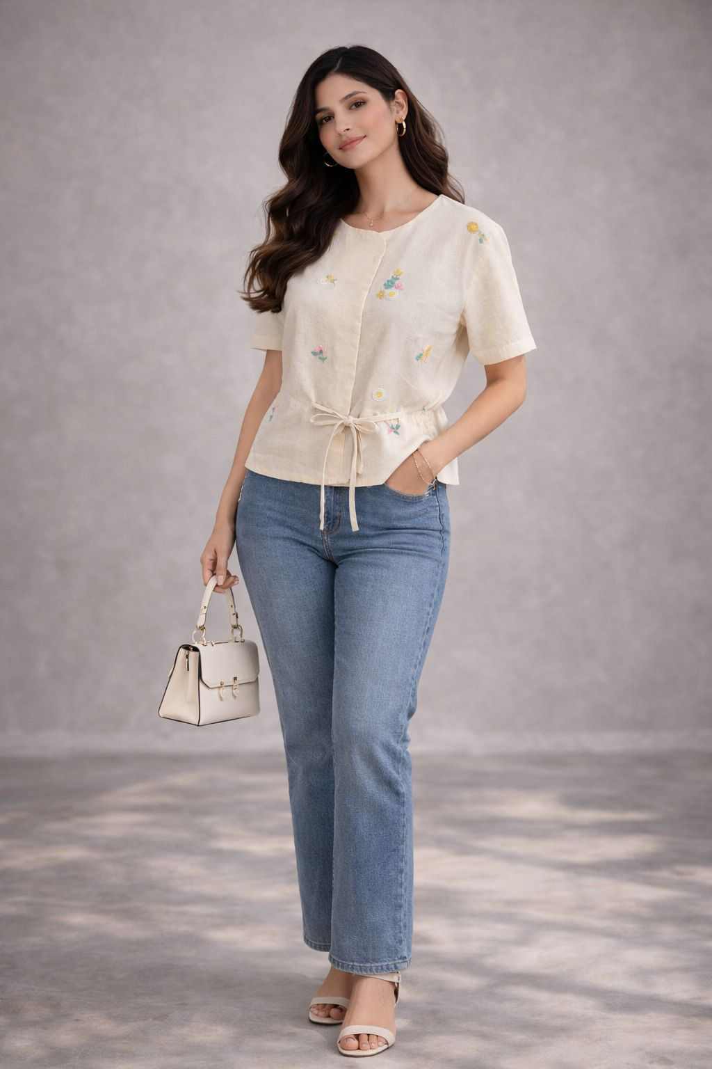 Ivory short sleeve top with colorful floral embroidery