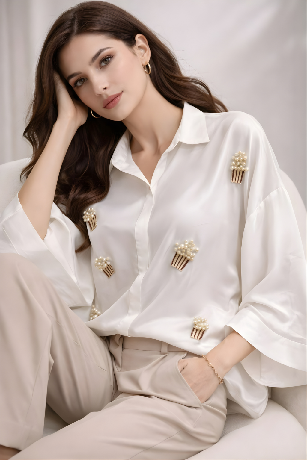 Close-up of pearl embellished detailing on ivory shirt