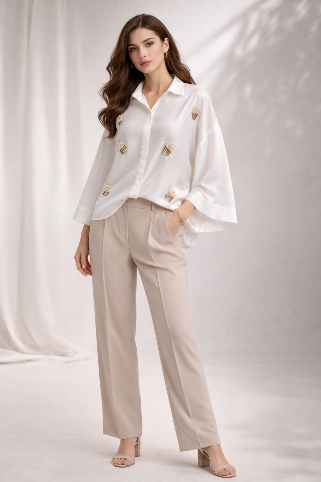Ivory crepe shirt with popcorn-style pearl embellishments