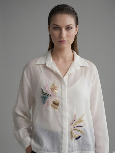 Close-up of handcrafted zardosi embellishment on ivory shirt