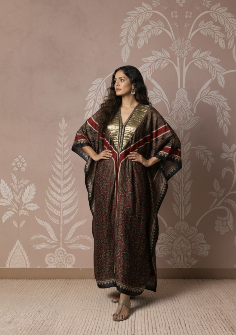 Woman wearing a patterned dress against a decorative wall.