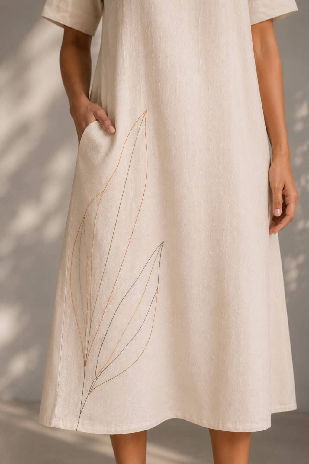Ivory Leaf Embroidered Cotton Dress for Women