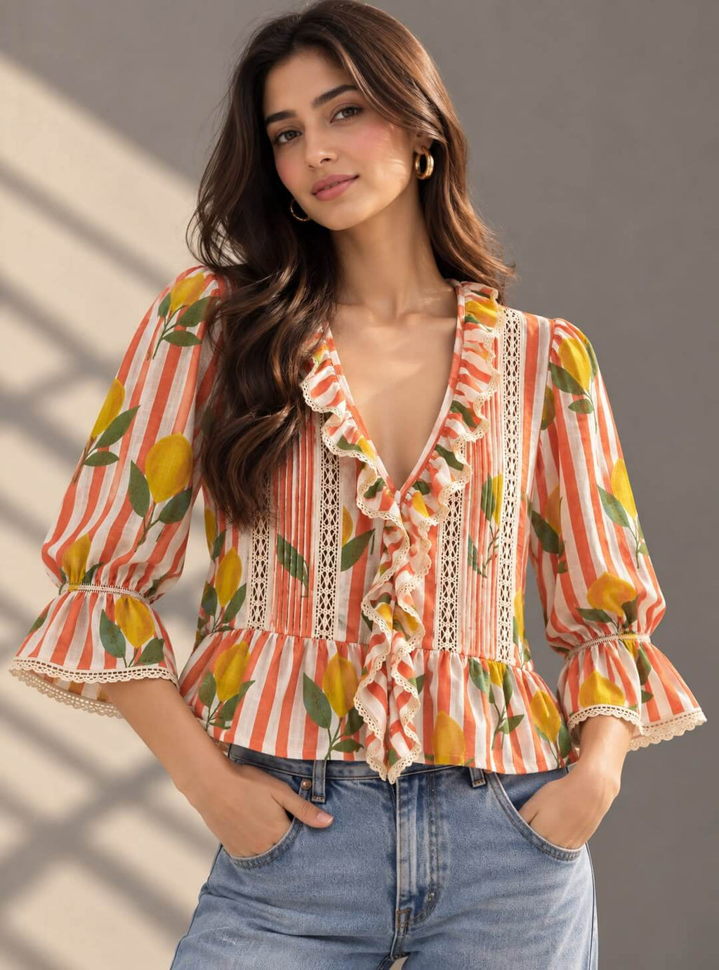Lemon print ruffle top with orange stripes