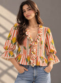 Lemon print ruffle top with orange stripes