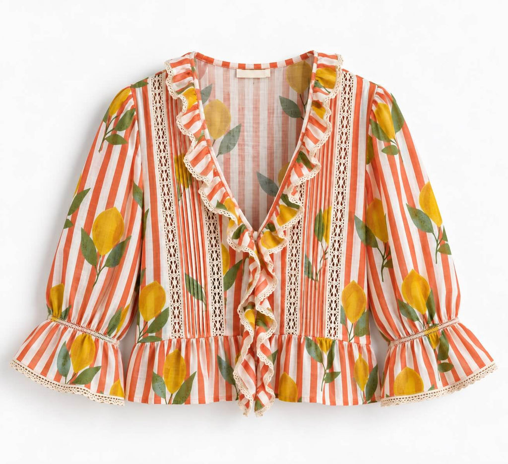 Lemon print top with flared sleeves