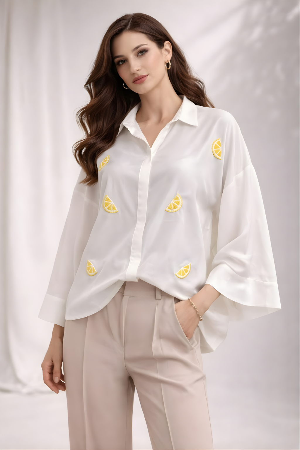 Woman wearing a white shirt with lemon designs