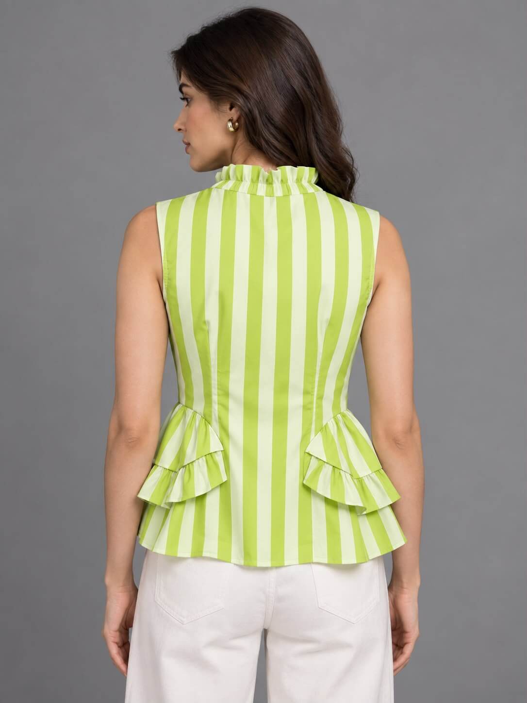 Lime stripe sleeveless cotton top with layered ruffle waist detailing
