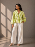 Lime green and ivory striped cotton top with oversized collar and balloon sleeves.