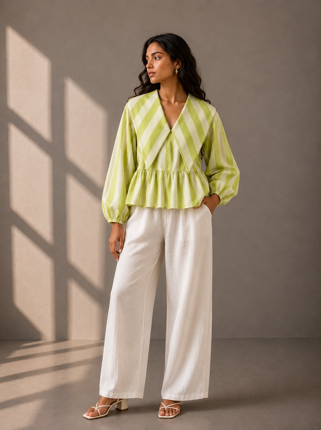 Lime green and ivory striped cotton top with oversized collar and balloon sleeves.