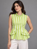 Front view of lime green and white striped cotton ruffle peplum top