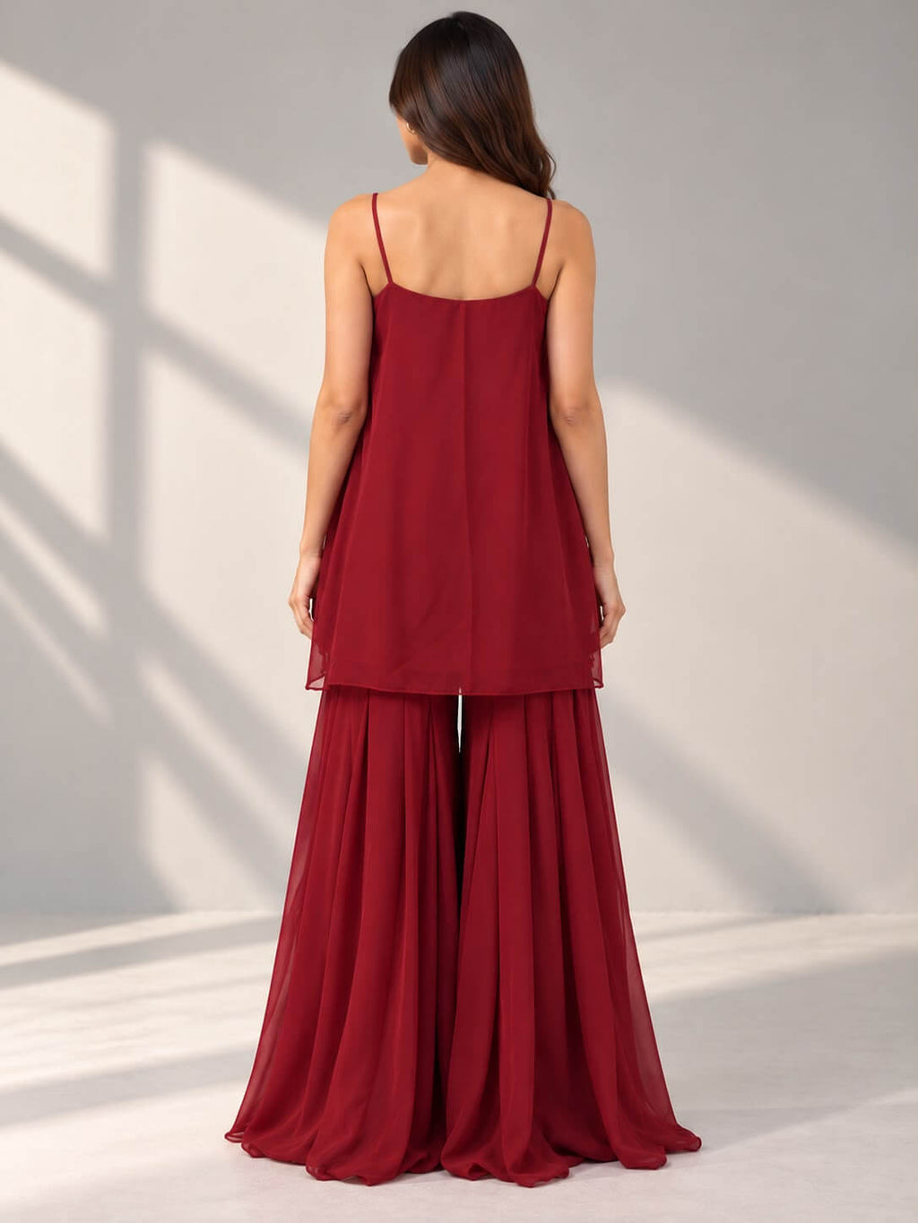 Maroon sleeveless embroidered top and palazzo set for women