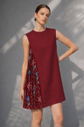 Woman wearing maroon floral pleated panel shift dress front pose