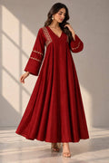 Maroon taffeta silk Anarkali dress with golden embroidery