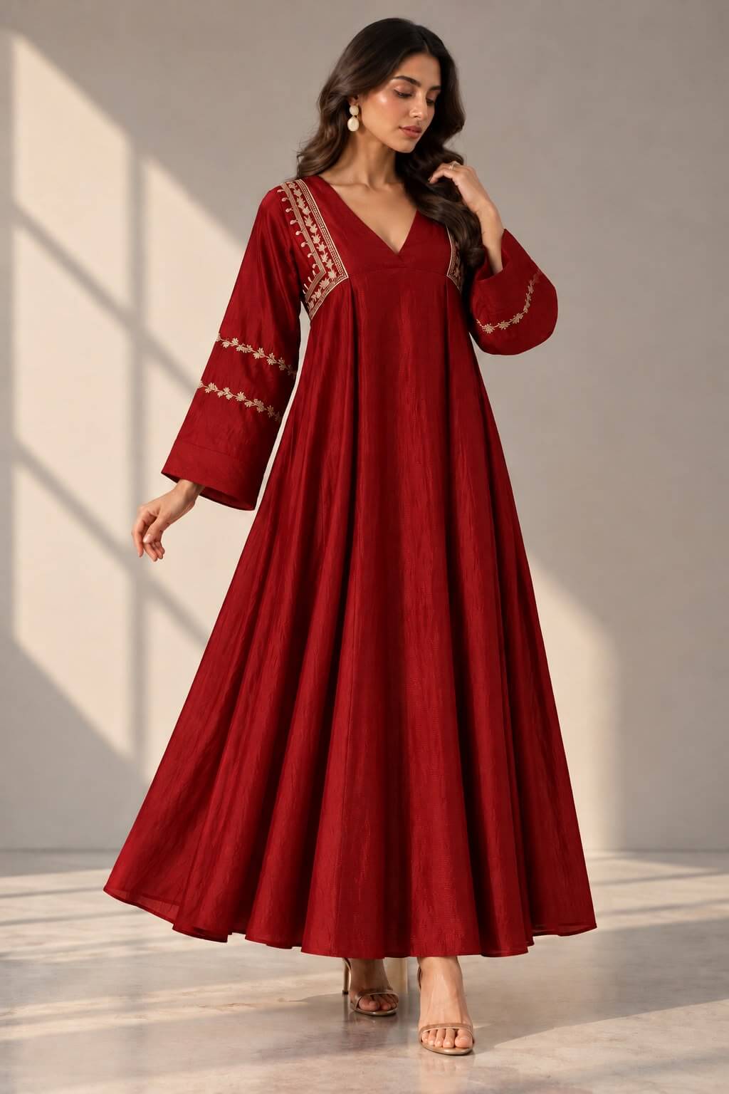 Maroon taffeta silk Anarkali dress with golden embroidery