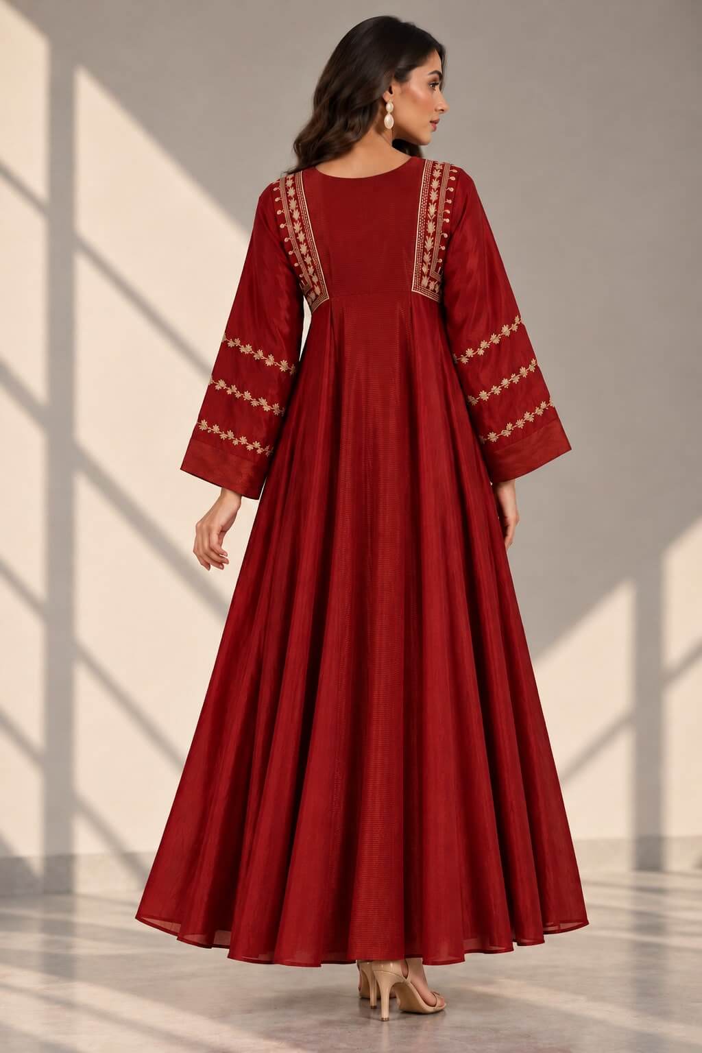 Full-length maroon festive Anarkali dress by Gehru Label