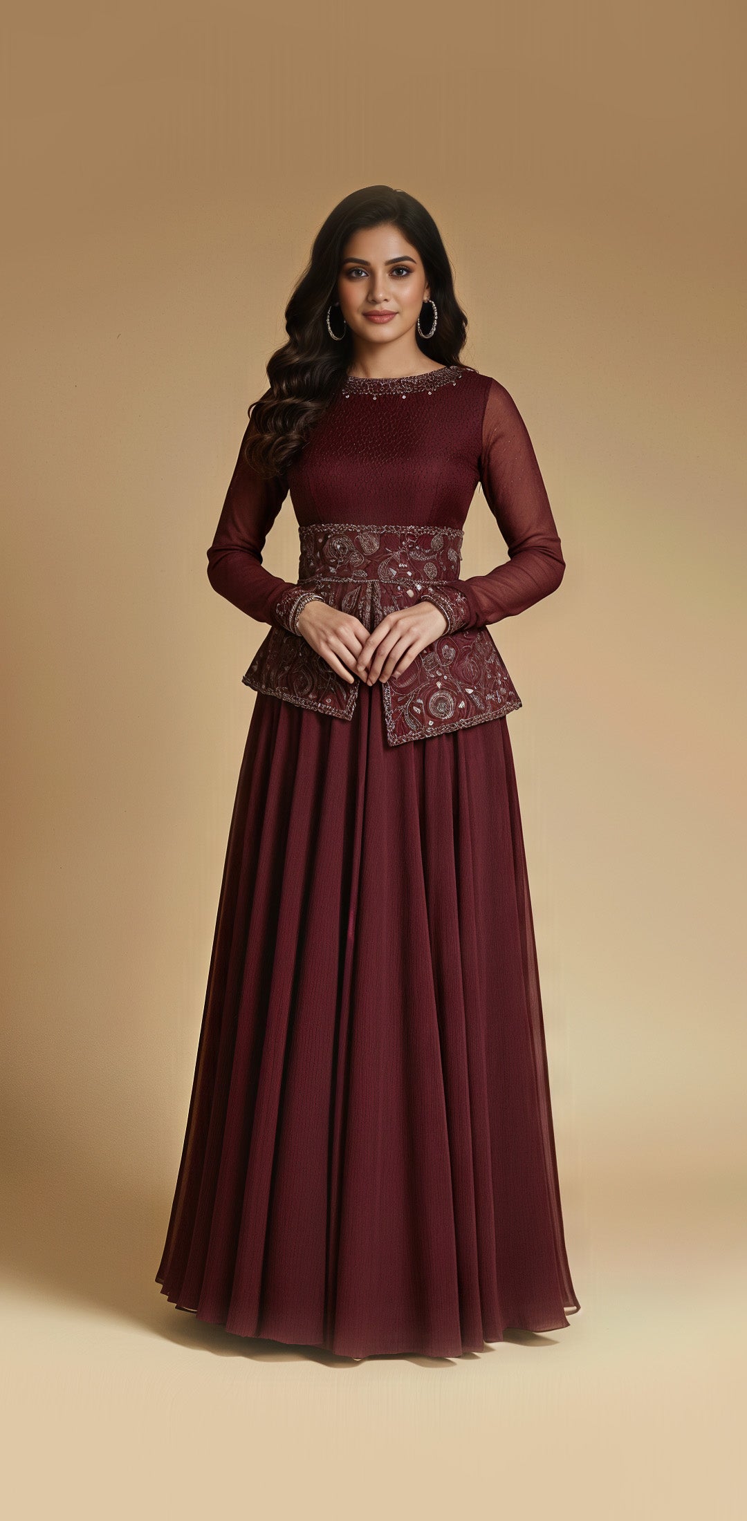 Woman wearing a maroon evening gown with intricate detailing on a beige background